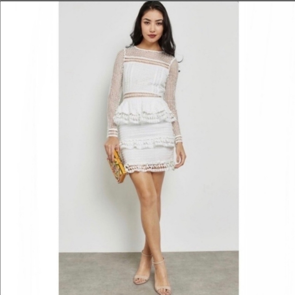 Endless Rose White Tiered Lace Mini Dress Long Sleeves Small Open Lace Crochet